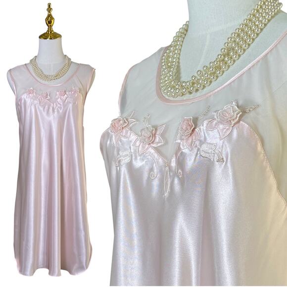 Vintage 80s Sara Beth Coquette Pastel Pink Satin Pearl Chemise Slip Dress Size L - Picture 1 of 14